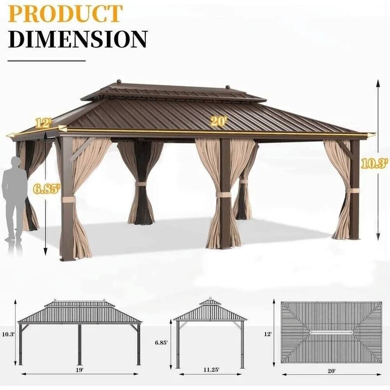 Outdoor Pro Series Galvanized Steel Hardtop Patio Gazebo Pergola w/Aluminum Frame, Prime Curtains and nettings include