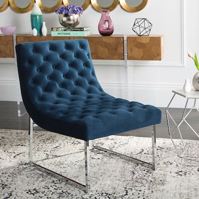 SAFAVIEH Mid-Century Modern Glam Hadley Tufted Velvet Navy Blue Club Chair - 25" x 30" x 32"