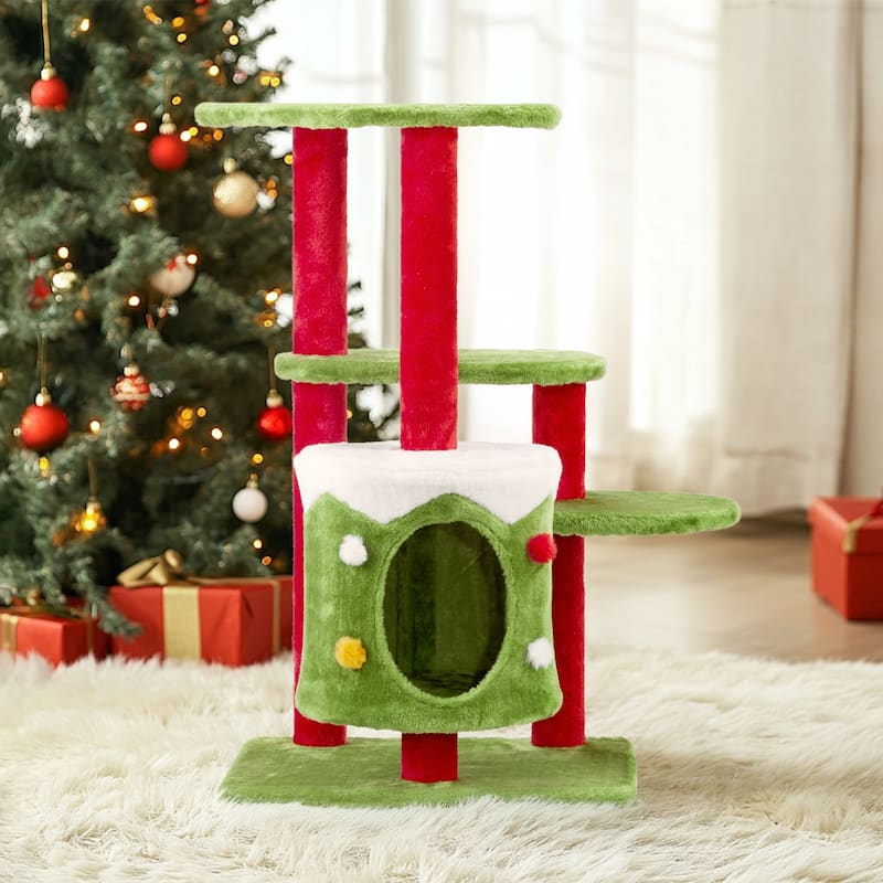 Christmas Themed Cat Tower With Cat Condo, 3-Level Plush Cat Tree Activity Center For Indoor Cats - (27.6 x 23.6 x 32.7) in
