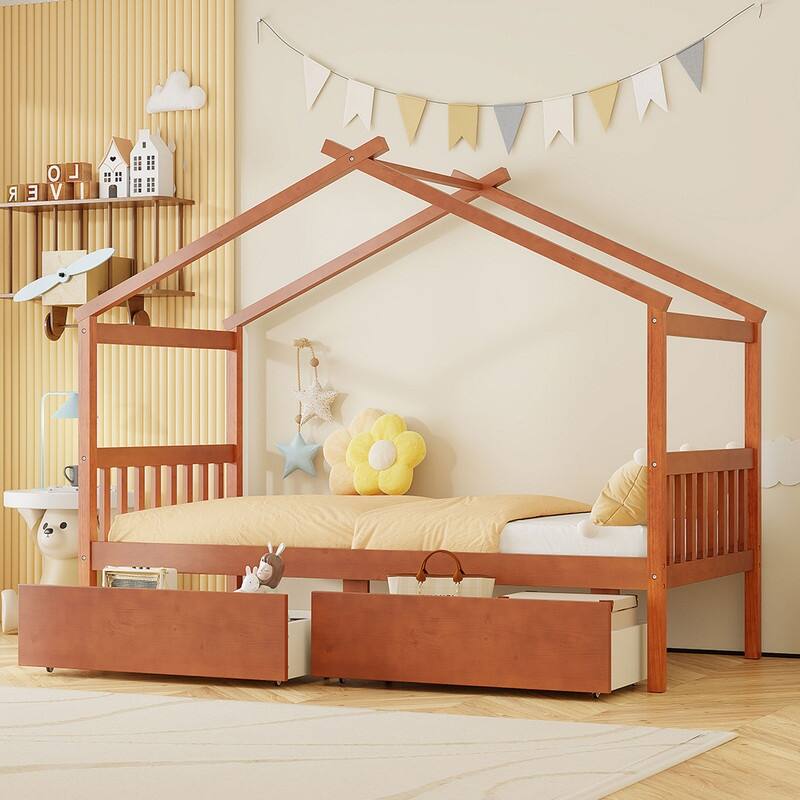 Twin Size Wooden House Bed with 2 Drawers - Walnut