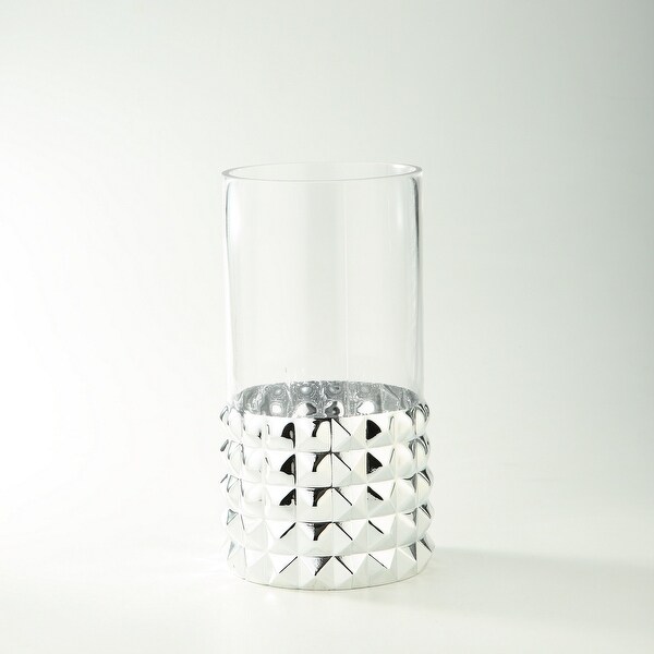 12" Silver and Clear Pyramid Pattern Cylindrical Glass Vase - N/A