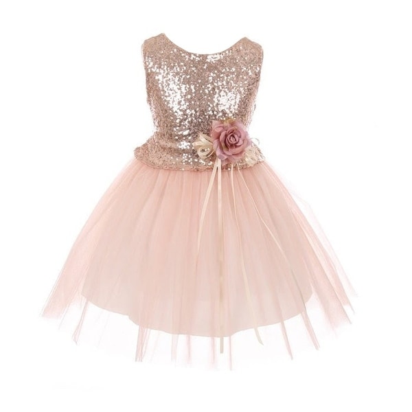 Girls Blush Glitter Sequin Floral Adornment Junior Bridesmaid Dress ...