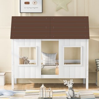Twin Size Low Loft Wood House Bed with Two Front Windows and Roof - Bed ...
