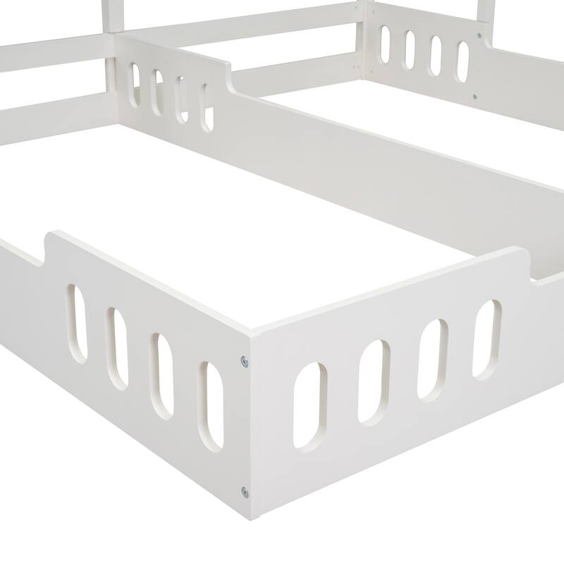 Twin Size House-Shaped Platform Beds with Shelves and Guardrails, Cream White