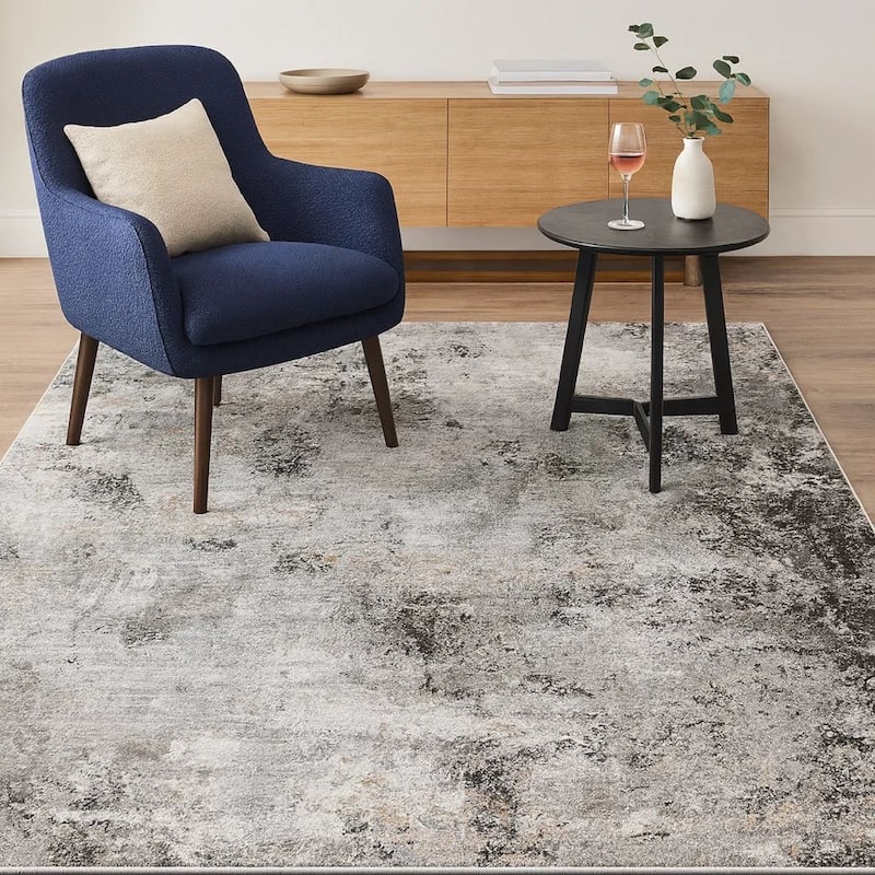 Ley 5 x 7 Area Rug, Abstract Pattern, Polyester, Jute, Black Gray White - 5 x 7