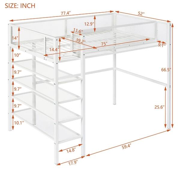 Modern Style Twin Size Metal Loft Bed with 4-Tier Shelves and Storage, Creative Structure, Storage Space, Good Stability, White