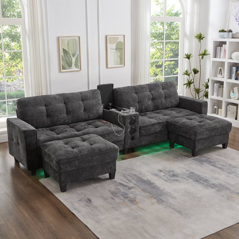 Roomfitters 126 Inch U-Shaped Modular Sectional Sofa with Storage Ottomans and Bluetooth Console
