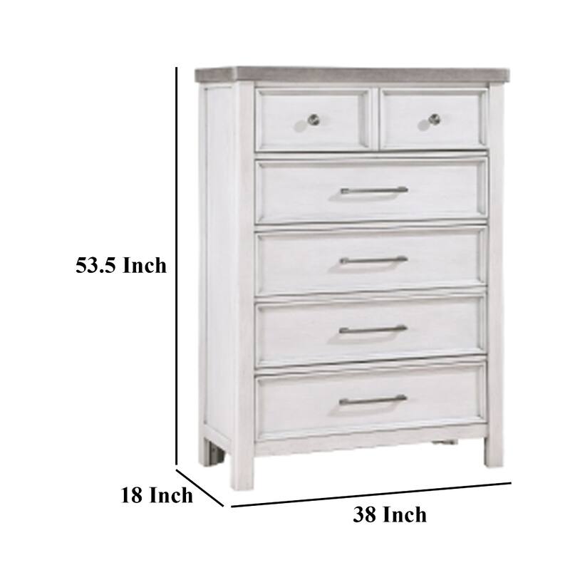 Amby Tall Dresser Chest, 5 Drawers, Farmhouse White Gray Acacia Wood