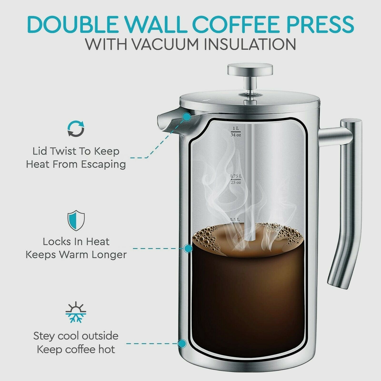 Veken French Press Double-Wall 18/10 Stainless Steel Coffee & Tea Maker,  Multi-Screen System, 2 Extra Filters Included, Rust-Free, Dishwasher Safe,  50oz, Silve 