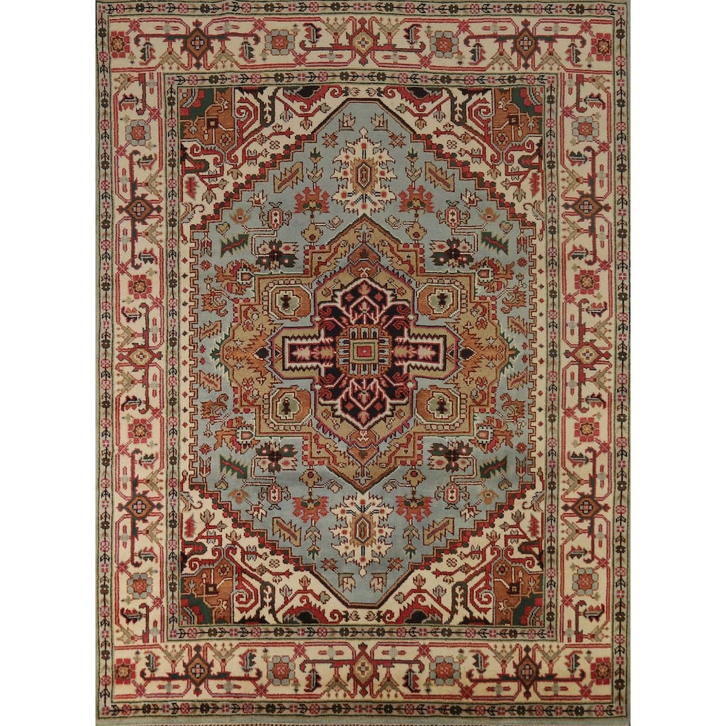 Hand Knotted Oriental 100% Wool Carpet Traditional Medallion Navy Blue & Blues Heriz (serapi) Area Rug - 9' 11'' X 7' 10''