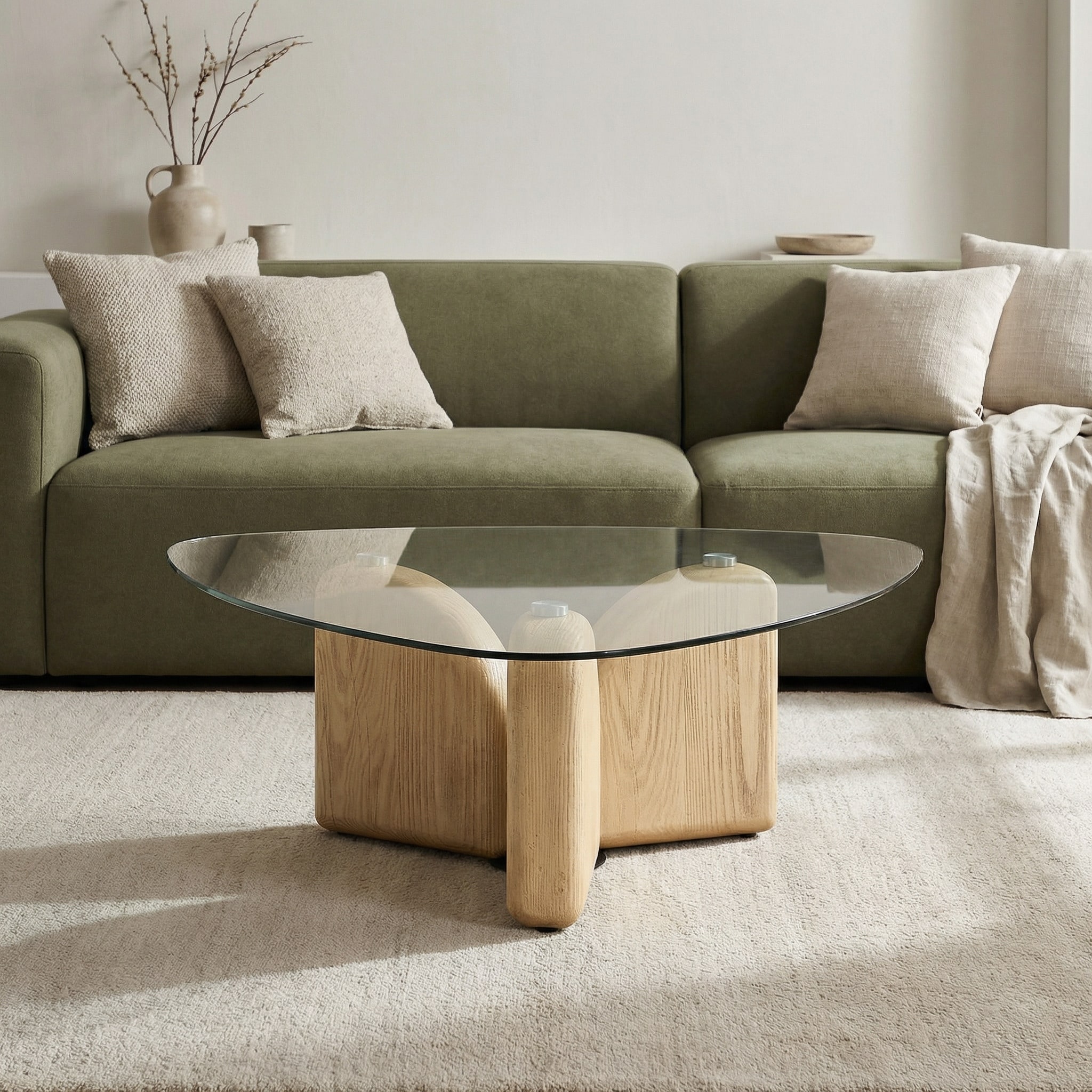 Christopher Knight Home - Modern 45.67" Oval Tempered Glass Coffee Table with Sculptural MGO Wood Grain Finish Base