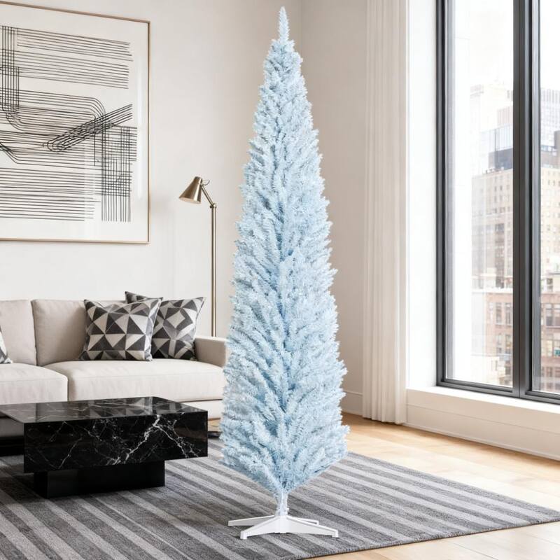 Christmas Tree, 8ft Pencil Artificial Christmas Tree with Realistic Branches and 618 Tips, Plastic Base - White - White