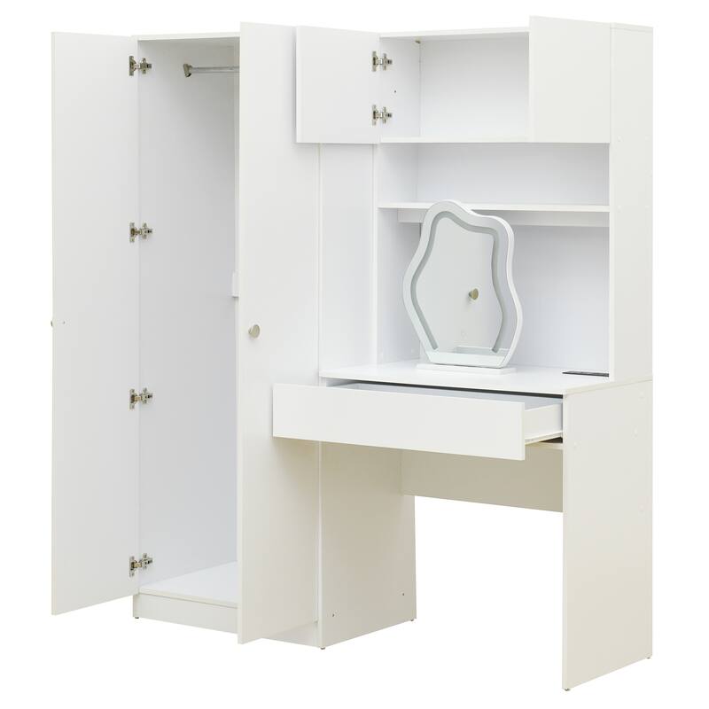 4-in-1 Wardrobe Closet with Makeup Vanity Desk Set, Bedroom Armoire with Lighted Mirror, Double Door Armoire