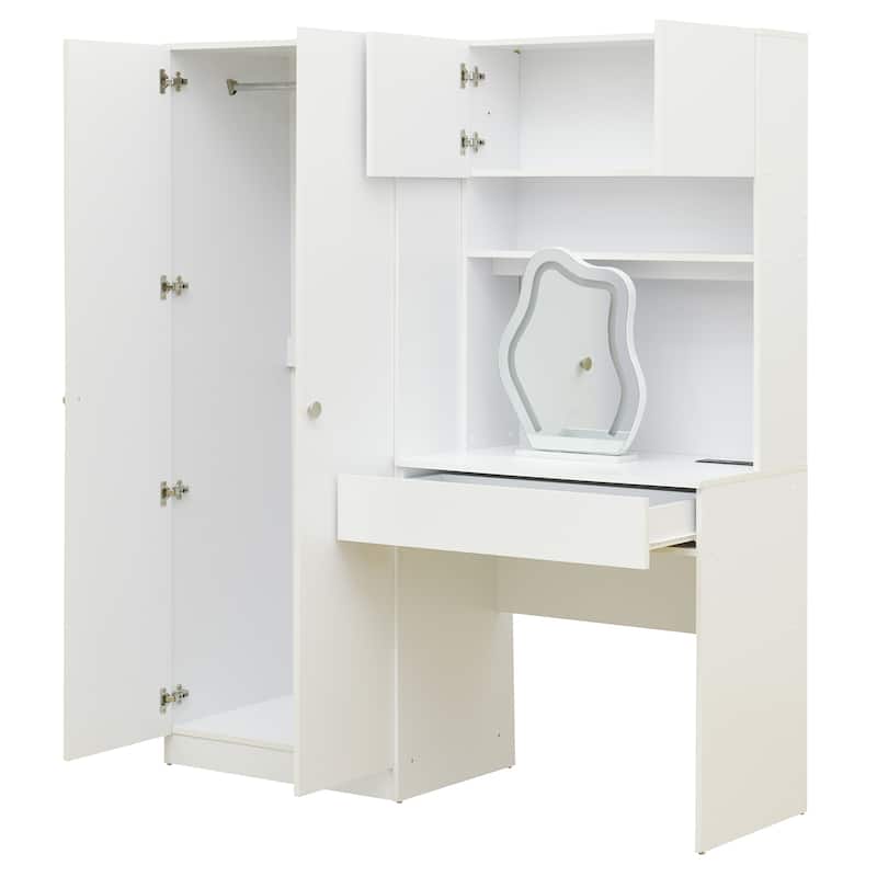 Roomfitters 2-Door Wooden Vanity Wardrobe with Makeup Mirror, Storage Shelves and Drawers