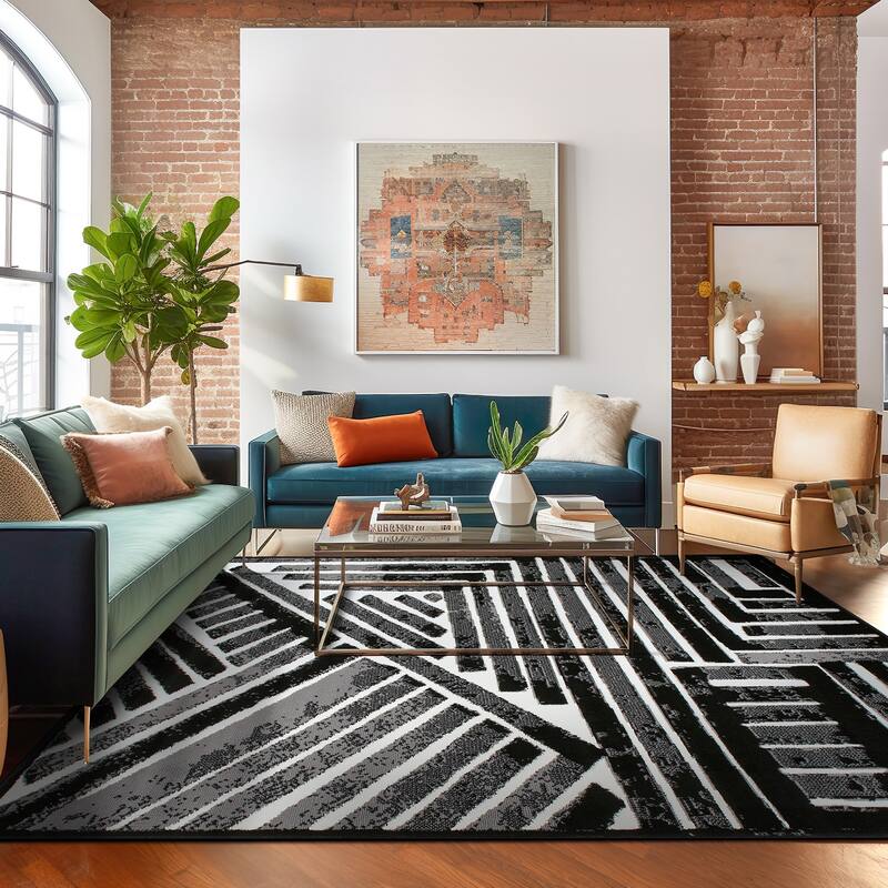 World Rug Gallery Contemporary Stripe Design Black/Gray/Ivory Area Rug