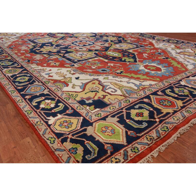 Hand Knotted Oriental 100% Wool Carpet Traditional Medallion Oranges & Rust Heriz (serapi) Area Rug - 13' 10'' X 9' 9''