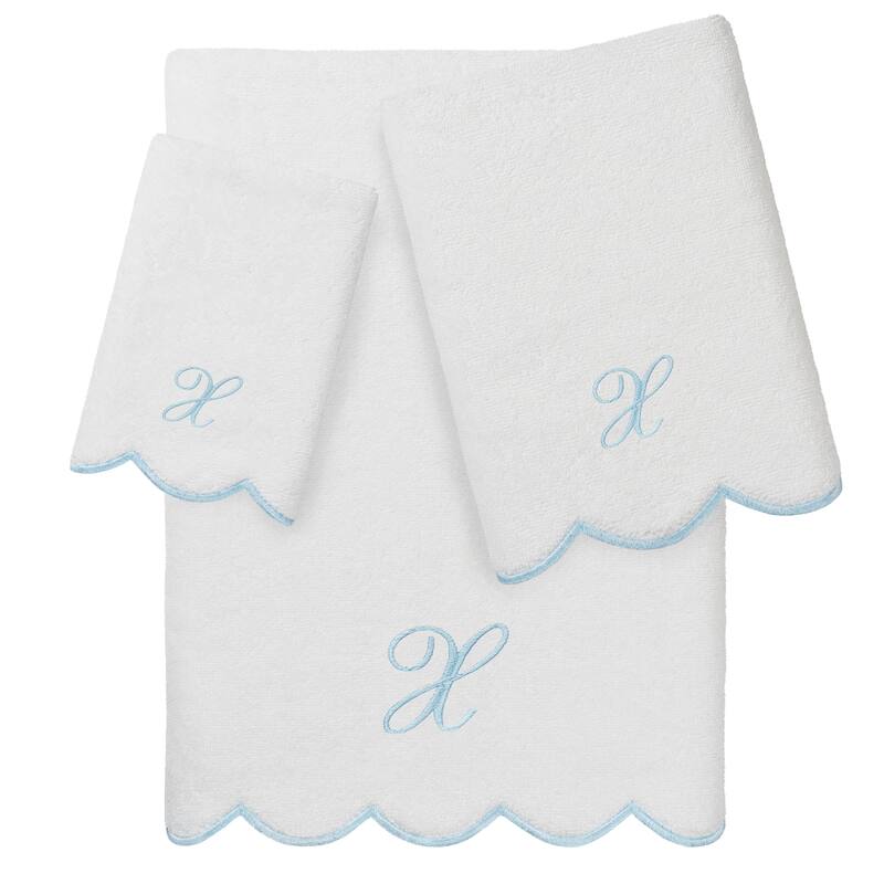 Authentic Hotel and Spa 100% Turkish Cotton Blue ADORNIA Scallop Personalized 3 Piece Towel Set - 3 Piece Set - X