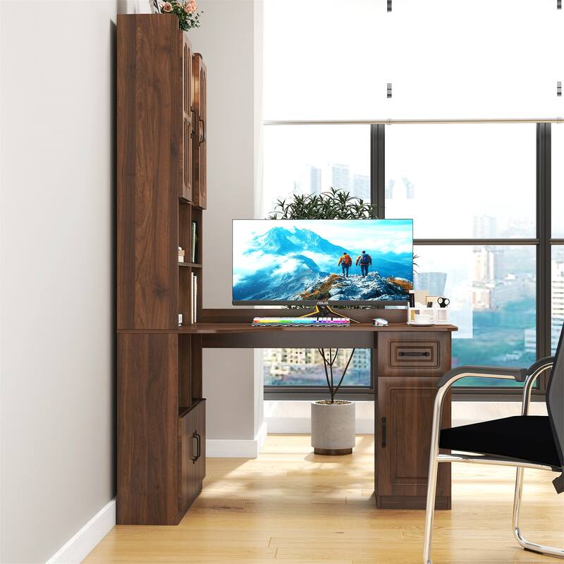 2-in-1 L Shaped Computer Desk with Drawers, Bookshelf and Hutch