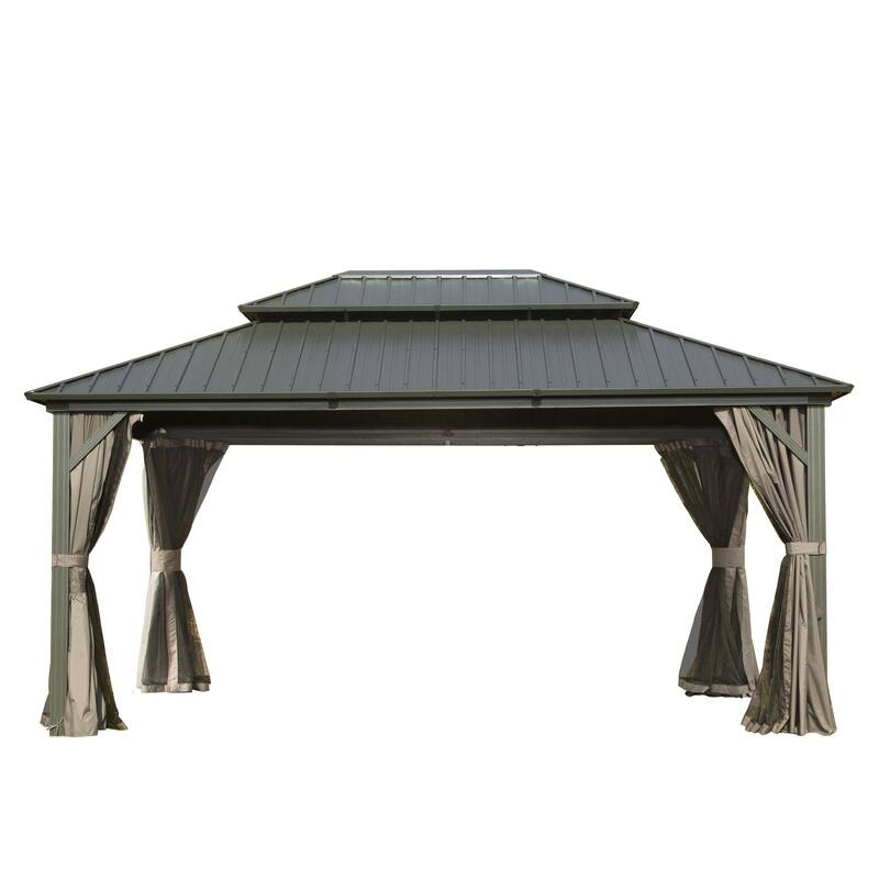 10' X 14' Aluminum Hardtop Gazebo with Double Roof, Curtains, and Netting for Patio, Backyard, and Deck - Grey