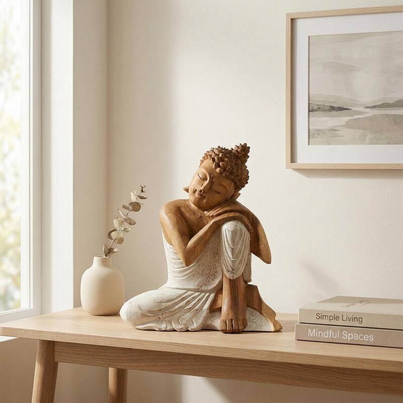 Wood Sleeping Buddha Statue - Hand Carved Whitewashed Sculpture, Peaceful Zen Decor