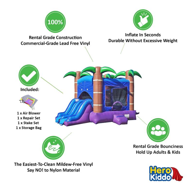 HeroKiddo Enchanted Forest Commercial Grade Inflatable Bounce House Water Slide Combo with Air Blower, Lightweight, Outdoor Fun