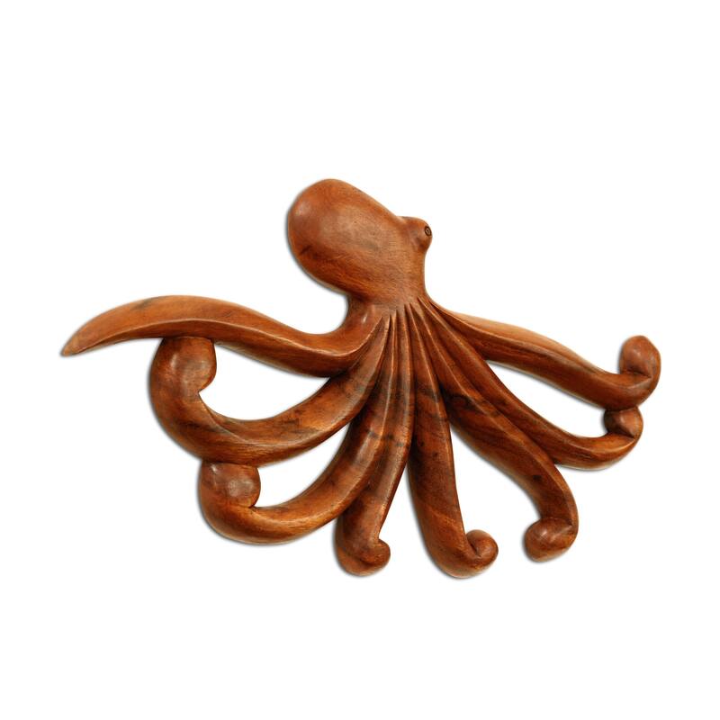 Wooden Octopus Wall Decor Plaque Hanging Sculpture Hand Carved Home Accent Handcrafted Handmade Seaside Tropical Nautical Ocean