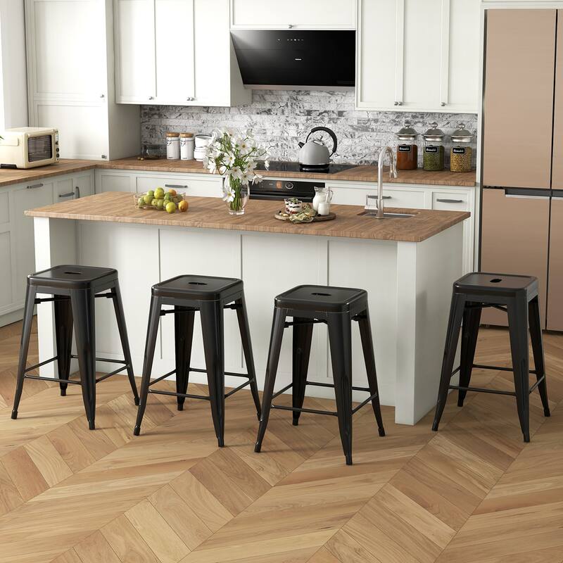 Gymax 24'' Metal Bar Stools Set of 4 w/ Square Seat Patio Bar Stools