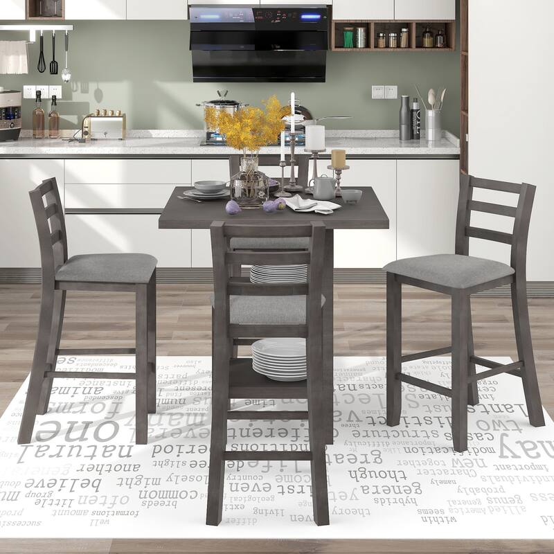 Gray 5-Piece Counter Height Wooden Dining Table Set with 4 Chairs & Storage