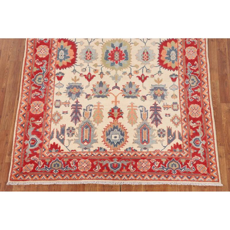 Blue Geometric Kazak Area Rug Hand-Knotted Oriental Wool Carpet - 4'11" x 6'7"