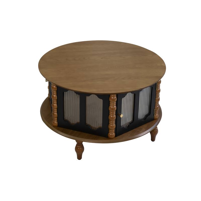 31.5-inch Round Three-Door Storage Coffee Table, Modern Real Wood Veneer Coffee Table, Suitable for Living Room