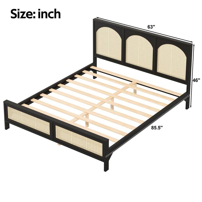 GDFStudio - Modern Wooden Platform Bed with Rattan Headboard and Footboard