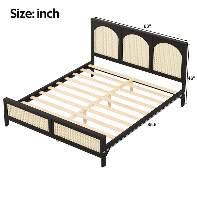Wood Platform Bed Frame with Rattan Decorations Headboard & Footboard, Slat Support System, No Box Spring Needed, Easy Assembly