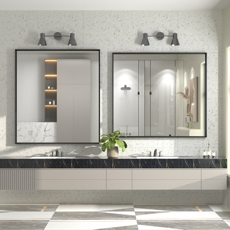 Full Size Metal Frame Wall Mirror Black Tempered Glass for Bathroom