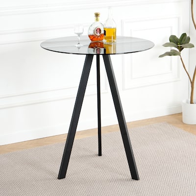 Modern Kitchen Glass Dining Table Round Tempered Glass Grey 31.5" Bar Table Top,Clear Bar Table Metal Legs,Black Legs(set of 1)