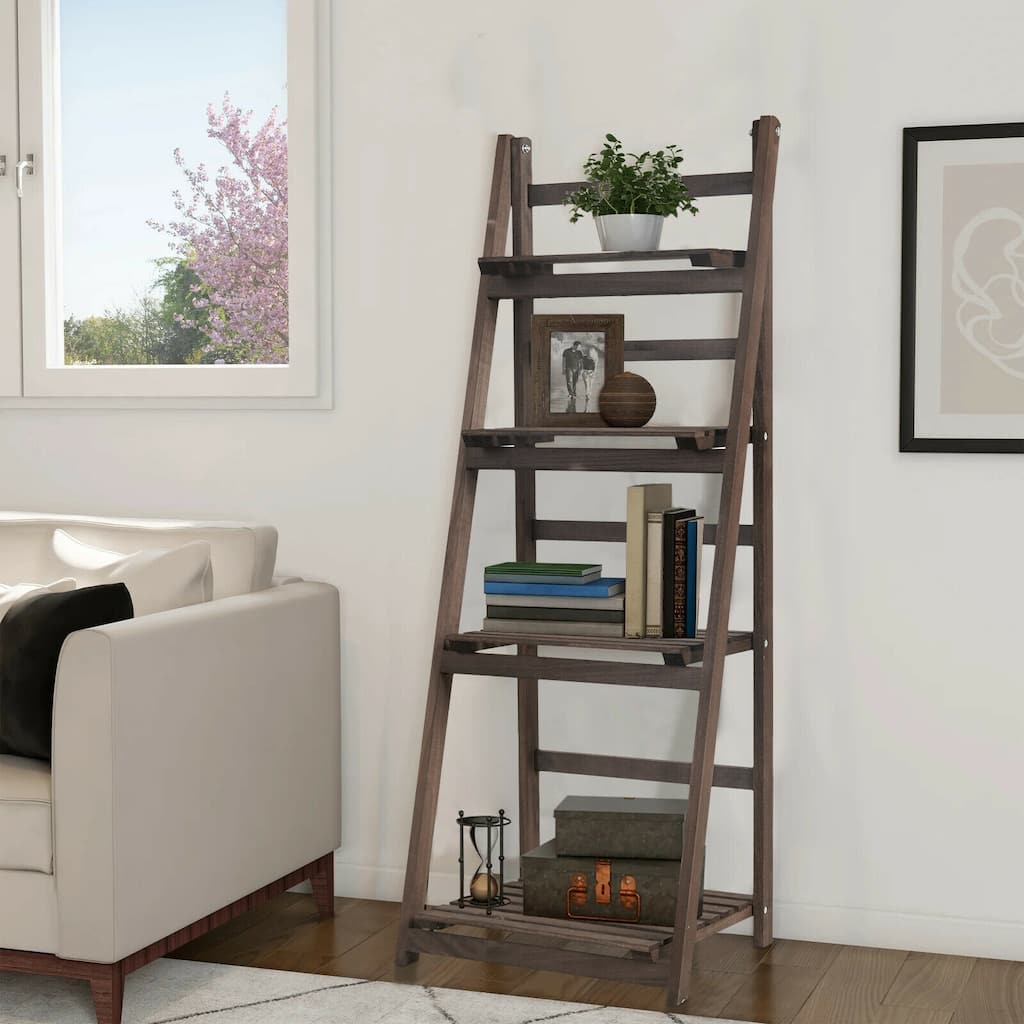 4 Tier Foldable Solid Wood Ladder Bookcase Storage Shelf - 16.1x12.8x43.3inch