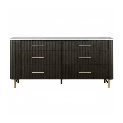 6 Drawers Wooden Dresser with Faux Marble Top in Espresso Finish