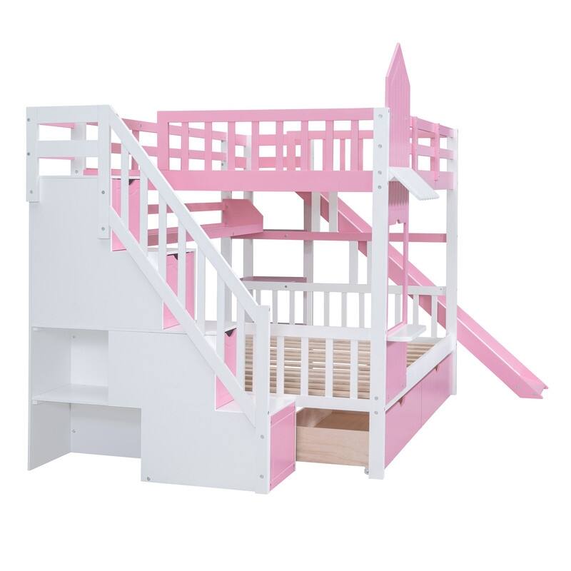 Full-Over-Full Castle Style Bunk Bed with Drawers, Shelves, Slide