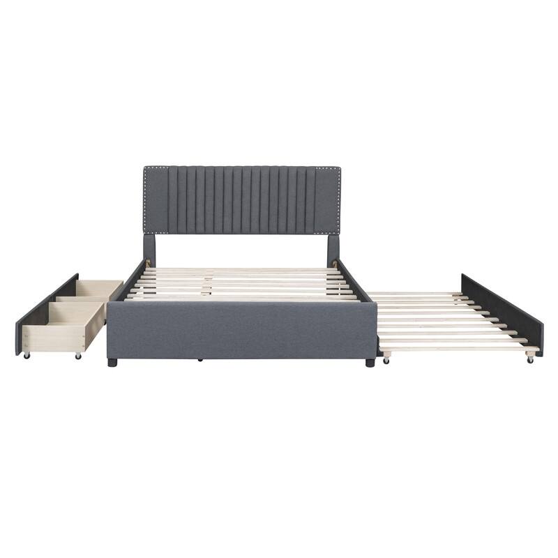 Linen Upholstered Platform Bed with 2 Drawers and Trundle,Queen/Full Size