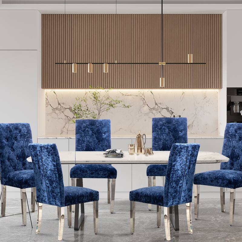 Set of 2 Modern Dining Chairs with Plush Velvet Upholstery & Sturdy Stainless Steel Legs - Deep Blue