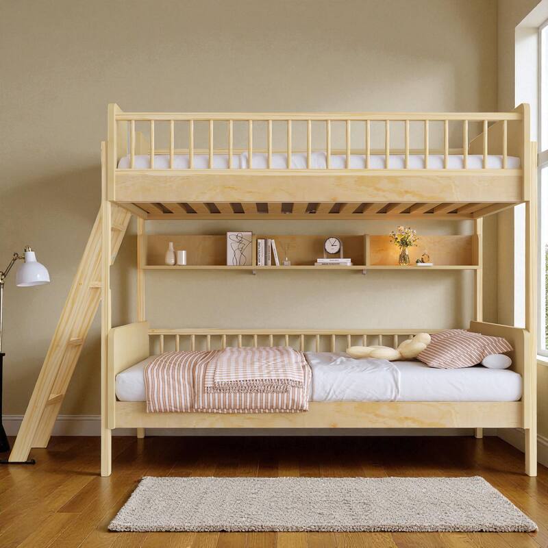 Twin over Twin Wooden Bunk Bed with 3 Storage Shelves, Reversible Ladder, Safety Guardrails and No Box Spring Needed