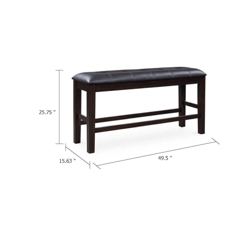 Hado Counter Height Bench, 50 Inch Black Faux Leather Padded, Brown Wood