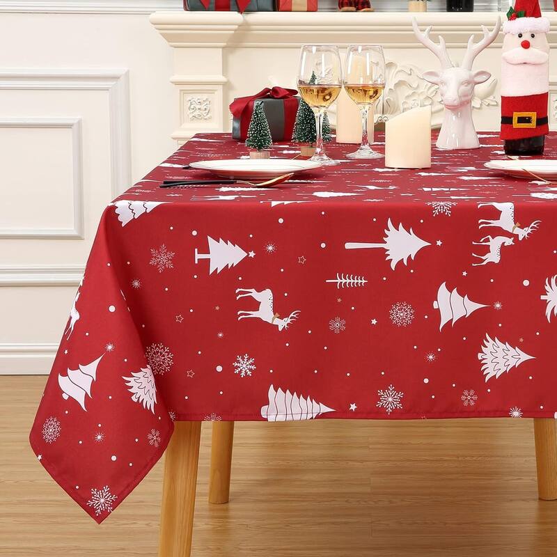 Christmas Rectangular Tablecloth Waterproof Holiday Xmas Decor, Red