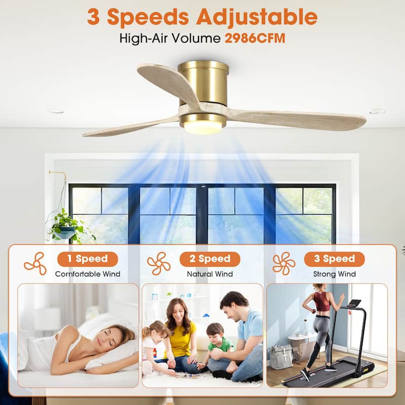 52" Wood 3-Blade Low Profile/ Flush Mount Ceiling Fan with Light and Remote