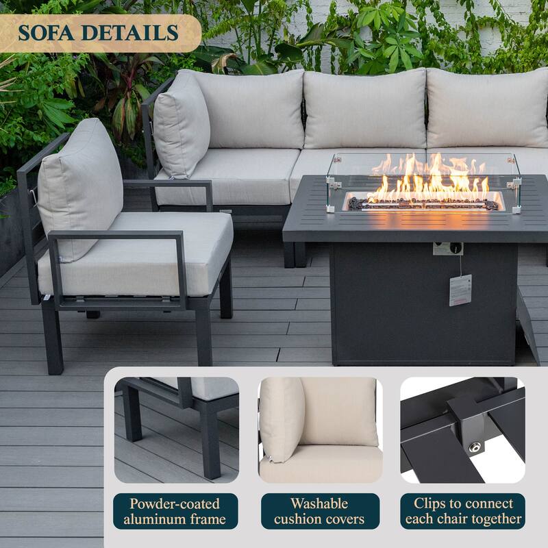 Chelsea 7-Piece Outdoor Patio Sectional Set with Firepit Table in Black Aluminum for Backyard Garden and Patio Deck