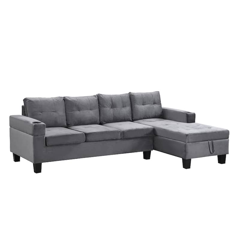 Modern Gray Velvet Sectional Sofa Set, LShaped Chaise Lounge, Cup