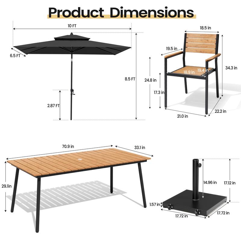 9PC Outdoor Patio Dining Set Aluminum Table with Stackable Armchairs w/ Premium Market Umbrella Sets