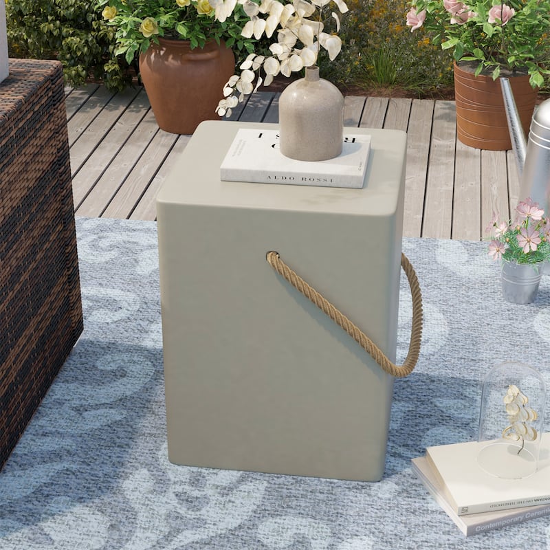 COSIEST Outdoor Lightweight Concrete Side Table w Hemp Rope Handles