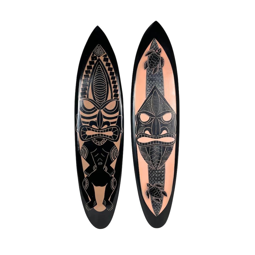 Set Of 2 Surfboards Tiki Mask Design, 39" Wood Wall Art, Tropical