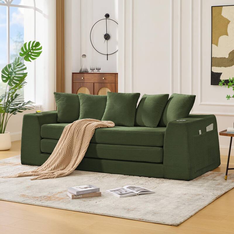 2 in 1 Convertible Sofa Bed, Sleeper Sofa with Storage Pockets, Pull Out Loveseat Couch with Two Cup Holders