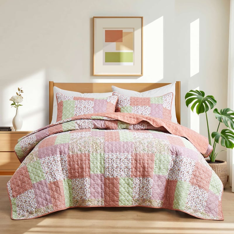 3 PCS Printed Coverlet Set Floral Geometric Bedspread Reversible Quilt and Shams Set - Tropical flower - Full - Queen